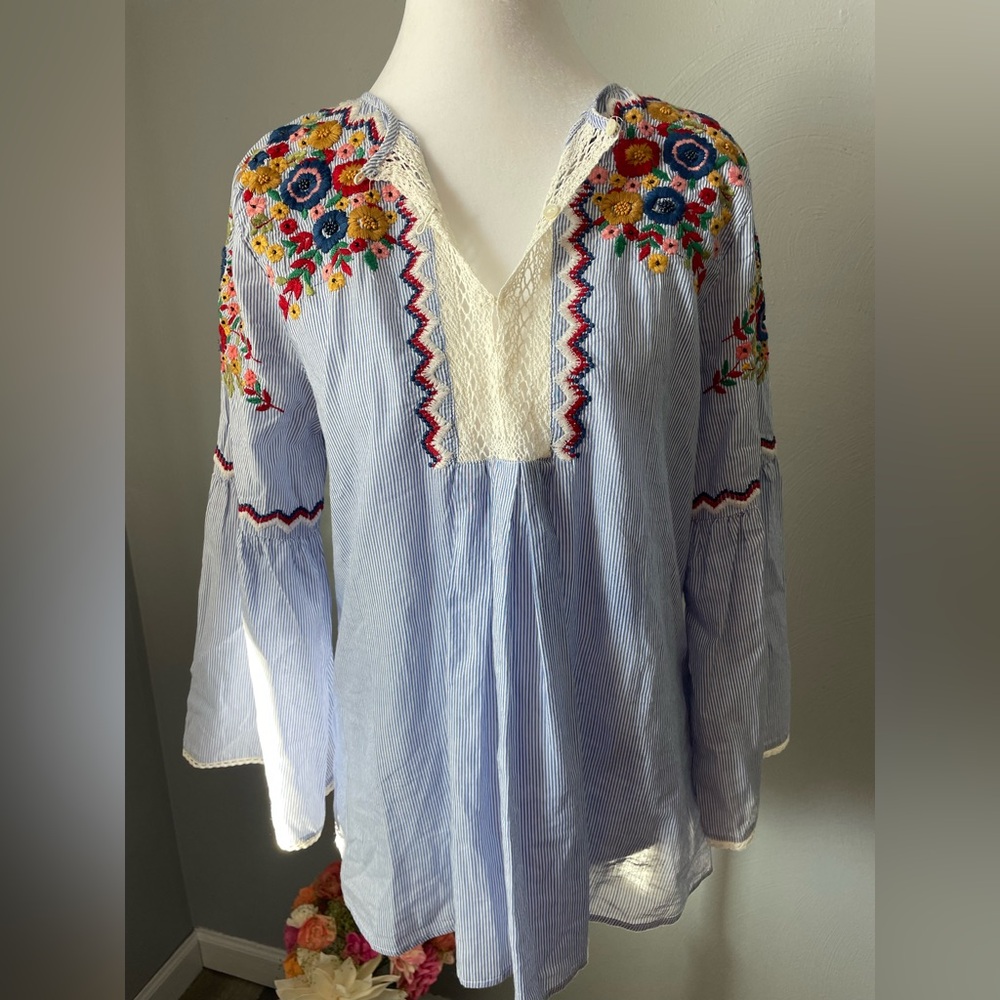 Zara Boho Striped Embroidered Peasant Top - Bell Sleeves & Crochet Lace - Picture 3 of 9